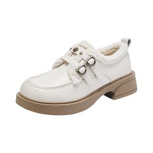 15mins一脚蹬jk制服鞋女秋冬2025年新款厚底毛毛鞋加绒保暖小皮鞋