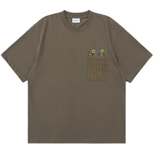 NORYBRAND小花手工刺绣设计口袋短袖 基础个性情侣简约休闲T恤