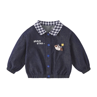 [7A抑菌]男童牛仔外套春季新款格纹翻领童装童趣刺绣春款儿童上衣