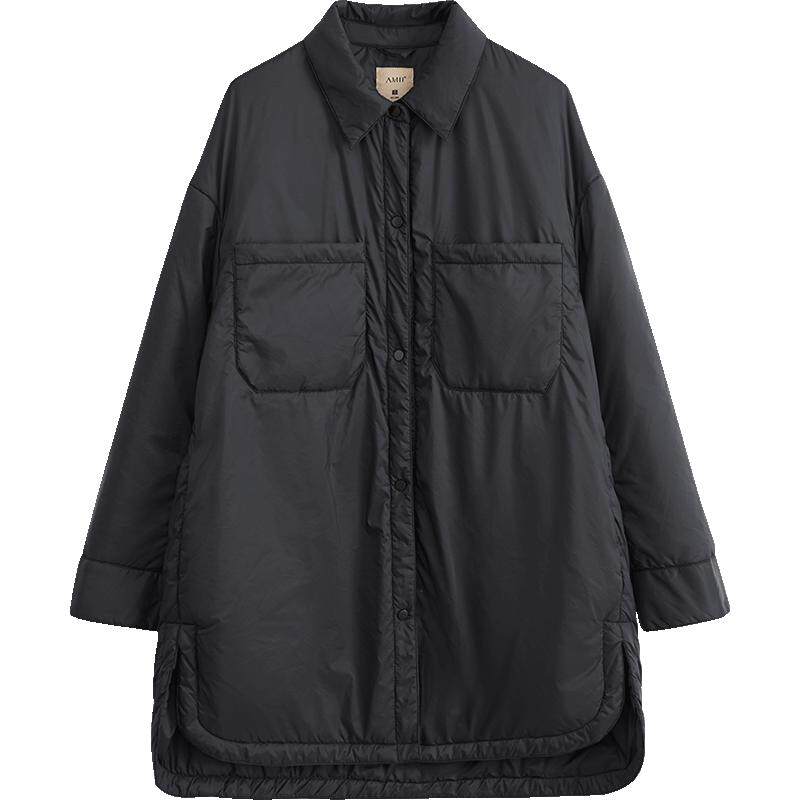 Amii2025冬新款宽松翻领开叉衬衫式棉衣棉服女落肩袖口袋长款上衣