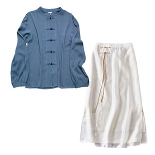 中式女装中国风高级感套装女天丝衬衫半身裙两件套禅意服装穿搭