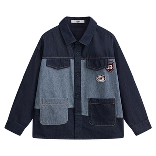 MQD童装男童牛仔衬衫外套春秋款宝宝儿童牛仔撞色拼接衬衣外套