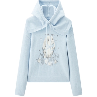 乐町兔子绣花蓝色毛衣女25年冬季新款宽松带帽套头针织大图案上衣