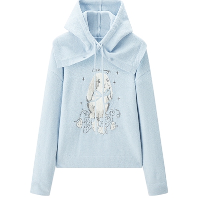乐町兔子绣花蓝色毛衣女冬季新款宽松带帽套头针织大图案上衣