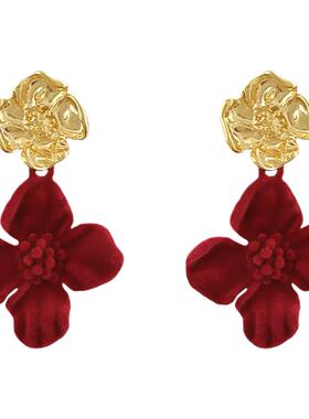 复古红色丝绒耳夹女新款