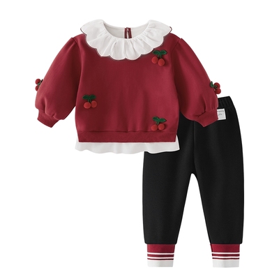 [抗菌锁温]女童秋冬两件套宝宝薄绒红色加绒套装卫衣儿童冬装衣服