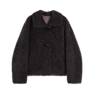 ELLE绵羊毛牛角扣毛绒短外套女2025冬季新款复古通勤羊羔毛上衣