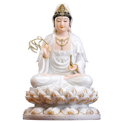 汉白玉镶金家用坐莲观音菩萨佛像