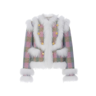 lefame拉飞姆蕾丝花边短款格纹外套