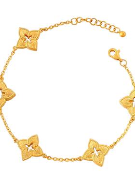 古法拉丝四叶草手链 女纯银镀18K黄金色镂空花丝手环手饰百搭时尚