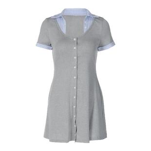 gusty高智御姐条纹polo领拼接短袖连衣裙美式辣妹学院风A字短裙子