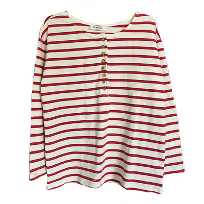 条纹圆领纽扣宽松长袖T恤女上衣