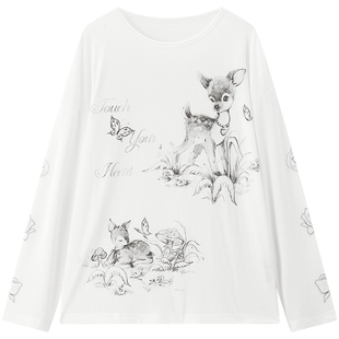 【商场同款】乐町小鹿印花长袖T恤25年秋季轻薄宽松上衣C2CPF3141