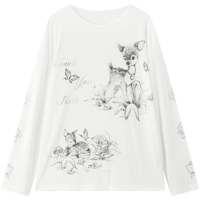 【商场同款】乐町小鹿印花长袖T恤25年秋季轻薄宽松上衣C2CPF3141