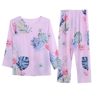 绵绸睡衣女大码妈妈装春夏中长袖印花中老年人两件套人造棉家居服