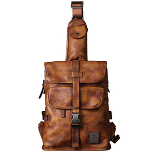 【原创奢品】B6伞兵胸包复古真皮男休闲单肩包机车头层牛皮斜挎包
