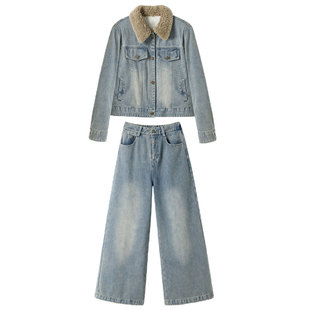 牛仔羽绒服外套女套装2025新款加绒加厚超火冬装一整套穿搭两件套