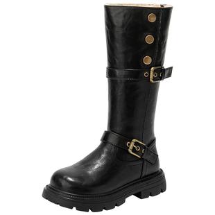 红蜻蜓女童鞋子儿童长筒长靴子2025新款冬季洋气黑色马丁高筒皮靴