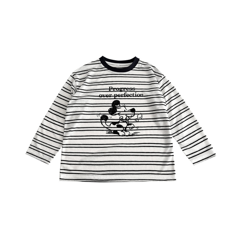 cookie kids 春秋款 中小儿童卡通字母印花条纹撞色宽松长袖T恤潮