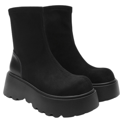 月芽儿英伦风时装靴女2025冬季新款黑色短靴复古厚底弹力靴瘦瘦靴