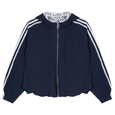 白鹿语蕾丝花边拼接立领连帽外套25秋新款设计感小众百搭夹克上衣