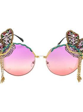 美国代购手作紫粉渐变蝴蝶链条镜