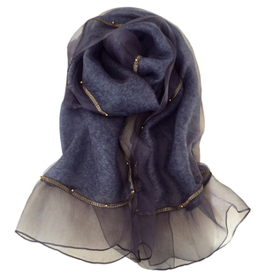 围巾女秋季韩版百搭纯色真丝羊毛披肩金边钉珠纱巾桑蚕丝丝巾春秋