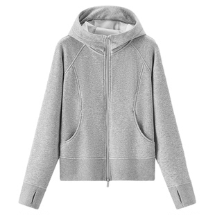 森马外套女冬季分割插肩袖紧身抓毛连帽2025新款显瘦休闲时尚夹克