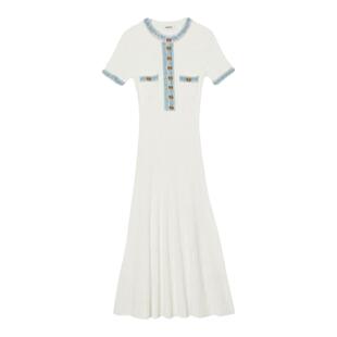 SANDRO Outlets春夏女装法式简约气质白色撞色镂空长款针织连衣裙