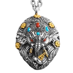 精工s925银象鼻财神吊坠纯银男士国潮复古象头神项链挂坠高档新款