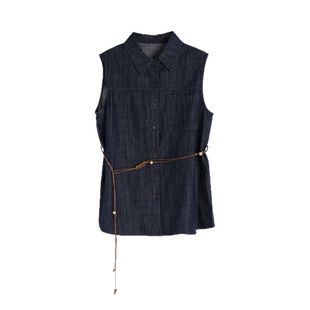 深蓝色牛仔背心女夏宽松休闲老钱风复古翻领法式上衣系带无袖衬衫