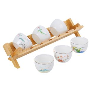 国风功夫茶杯6只装厚胎不烫手羊脂玉白瓷品茗杯陶瓷杯茶具送杯架