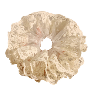 超仙珍珠蕾丝大肠发圈~白色刺绣温柔花边发绳扎头发超大头饰新款