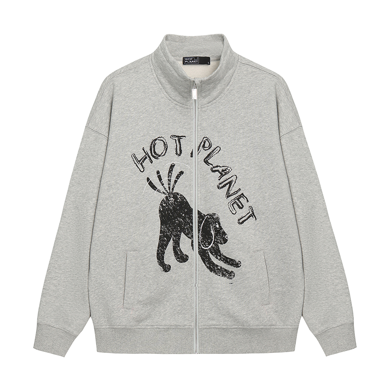 HOTPLANET卫衣男女2025秋冬新款情侣潮牌灰色立领加绒外套400g