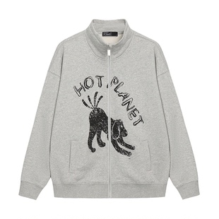 HOTPLANET卫衣男女2026春季新款腊肠狗潮牌灰色立领加绒外套400g