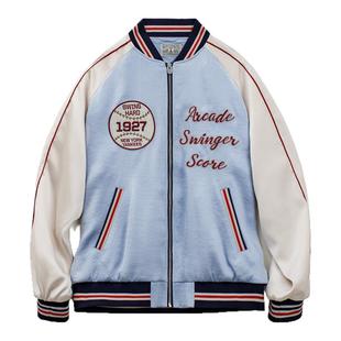 马登工装美式复古刺绣横须贺棒球服夹克拼接痞帅缎面外套短款男春