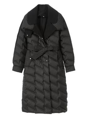 SOMSOM/索玛冬季黑色长款过膝简约时尚羽绒服女菱形厚实保暖外套