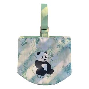 手提袋通勤出行小清新帆布包折叠水桶包竹子熊猫印花可爱卡通拎包