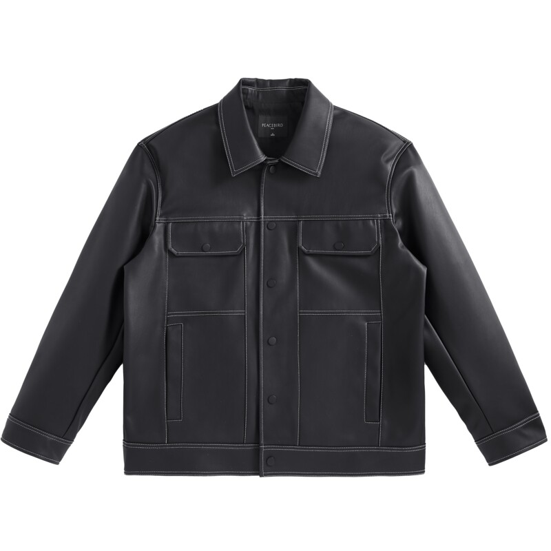 太平鸟男装 PU皮夹克明线茄克春秋季翻领外套休闲通勤上衣潮流