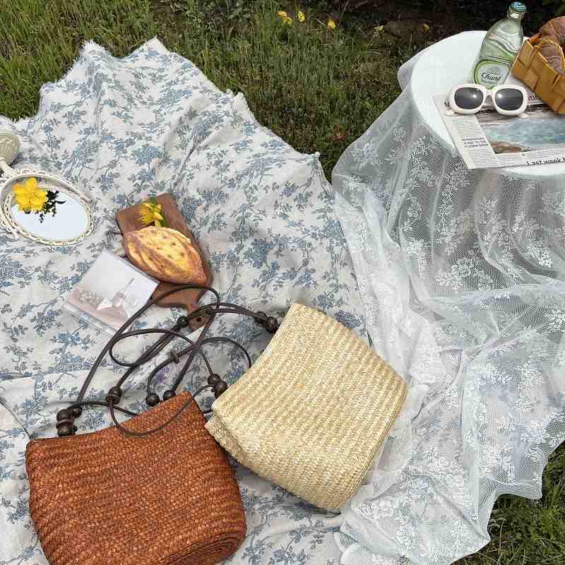 新品 厂家水桶包木珠磁扣单间复古法式草编包麦秆包简约时尚