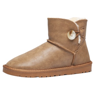 皮面雪地靴女款2025新款冬季皮毛一体加绒防滑棉鞋防水低帮短靴子