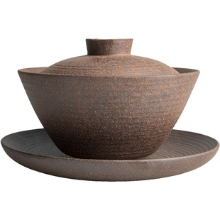 陶迷无忧粗陶盖碗大号手工茶碗陶瓷无釉三才盖碗茶具配件泡茶器