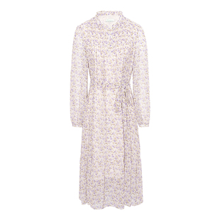 JESSIE淡紫色小碎花连衣裙女春款法式气质压褶系带收腰茶歇裙