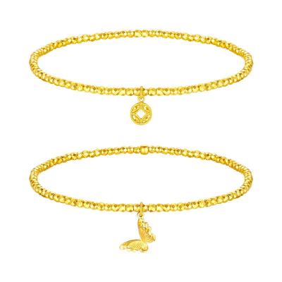 周大生黄金手链女爆闪碎碎冰铜钱金珠手串足金小闪蝶手饰生日礼物