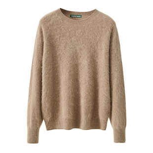 春竹秋冬新款无缝羊绒羊毛混纺拉毛圆领宽松厚款保暖毛衣女羊毛衫