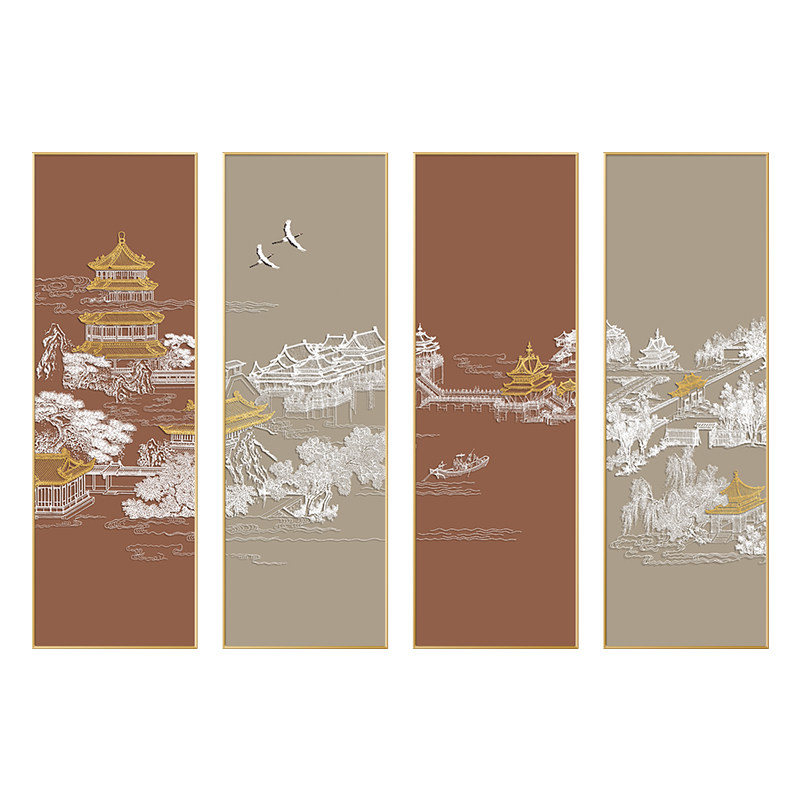 禅意新中式客厅装饰画3d楼阁山水挂画酒店茶楼背景软装四联组合画