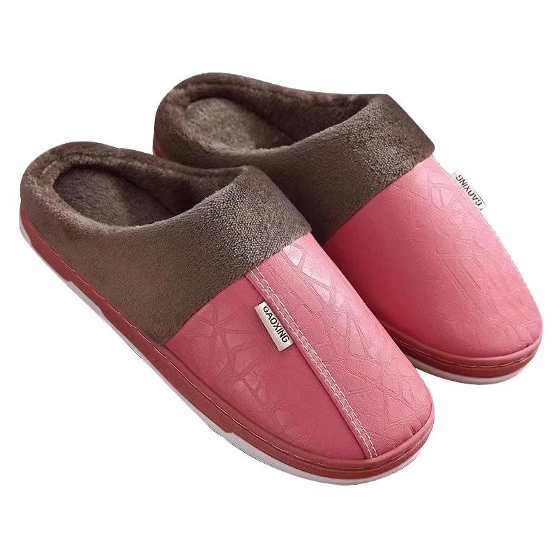 防水PU皮棉拖鞋女秋冬季室内居家居防滑家用保暖厚底毛毛月子棉鞋