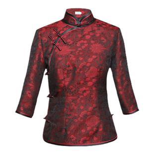 三重门[品红颜]中式花罗真丝外套复古唐装旗袍上衣长袖优雅端庄女