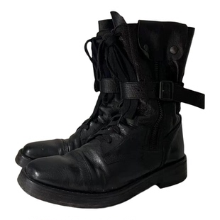 暗黑复古绑带中筒马丁靴男女款战靴复古伞兵机车靴粗跟做旧骑士靴