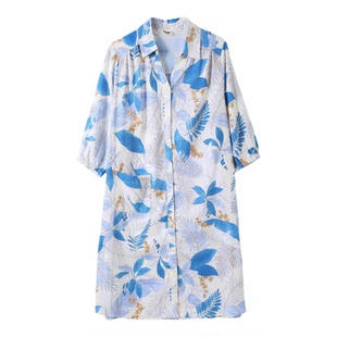 tutuanna少女轻薄植物印花中长款全棉外穿T恤睡裙翻领长袖家居服